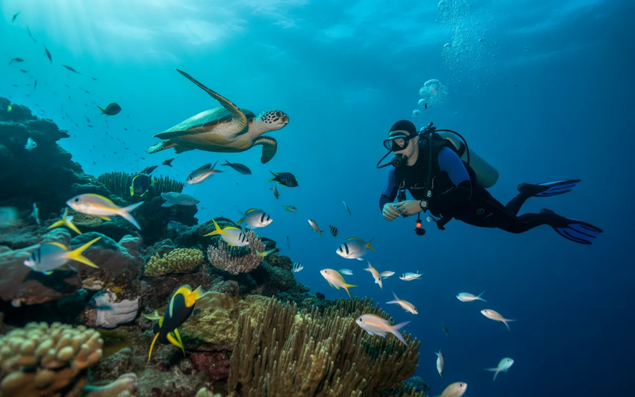 Vignette photo-réaliste grand angle de **plongée ile maurice** : plongeur en combinaison noir/bleu devant un récif corallien vivant avec poissons tropicaux, gorgones, tombant en arrière-plan et rayons de soleil sous une eau turquoise limpide.