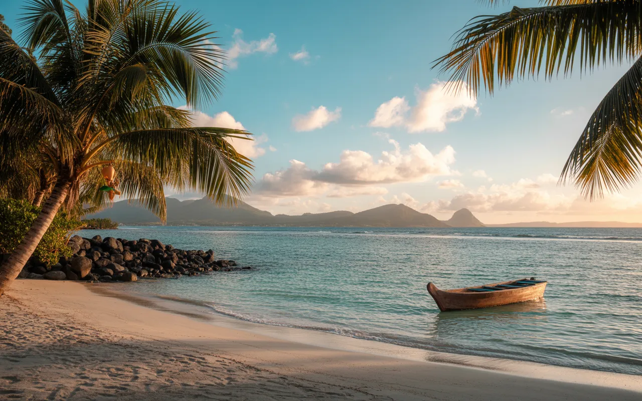Vignette photo réaliste des plus belles plages ile maurice : lagon turquoise translucide, sable blanc, palmiers penchés, rochers volcaniques sombres, pirogue traditionnelle au mouillage, îlot à l’horizon sous ciel bleu légèrement nuageux (golden hour).