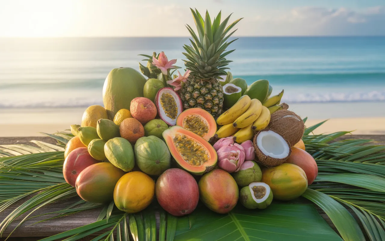 Vignette photoréaliste 16:9 de fruits ile maurice disposés en couronne sur une table en bois clair (mangues, litchis, ananas Victoria, papaye, fruit de la passion, bananes, goyave, carambole, coco), feuilles tropicales et fleurs discrètes, avec océan turquoise flouté en arrière-plan.