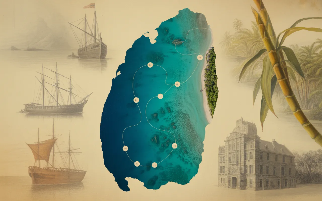 Illustration éditoriale premium de l’île Maurice vue du dessus avec lagon turquoise, frise chronologique graphique et collage d’éléments coloniaux (voiliers, canne à sucre, architecture patrimoniale) sur fond de cartographie sépia — histoire ile maurice