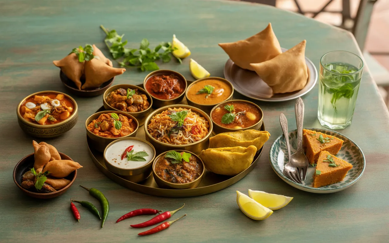 Flat lay de nourriture mauricienne sur table en bois tropical : plateau assorti de dholl puri, rougaille, biryani, mine frit, farata, gâteaux piments, samoussas, vindaye, achards, chutney coco, citron vert et boisson à la menthe.