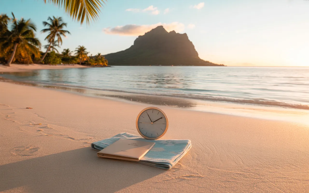 Photorealistic 16:9 vignette of a tropical beach in Mauritius at sunset, turquoise water and white sand, palm trees and silhouette of Le Morne Brabant, with blank calendar or clock without numbers, neutral passport and folded map to illustrate how long to visit Mauritius.