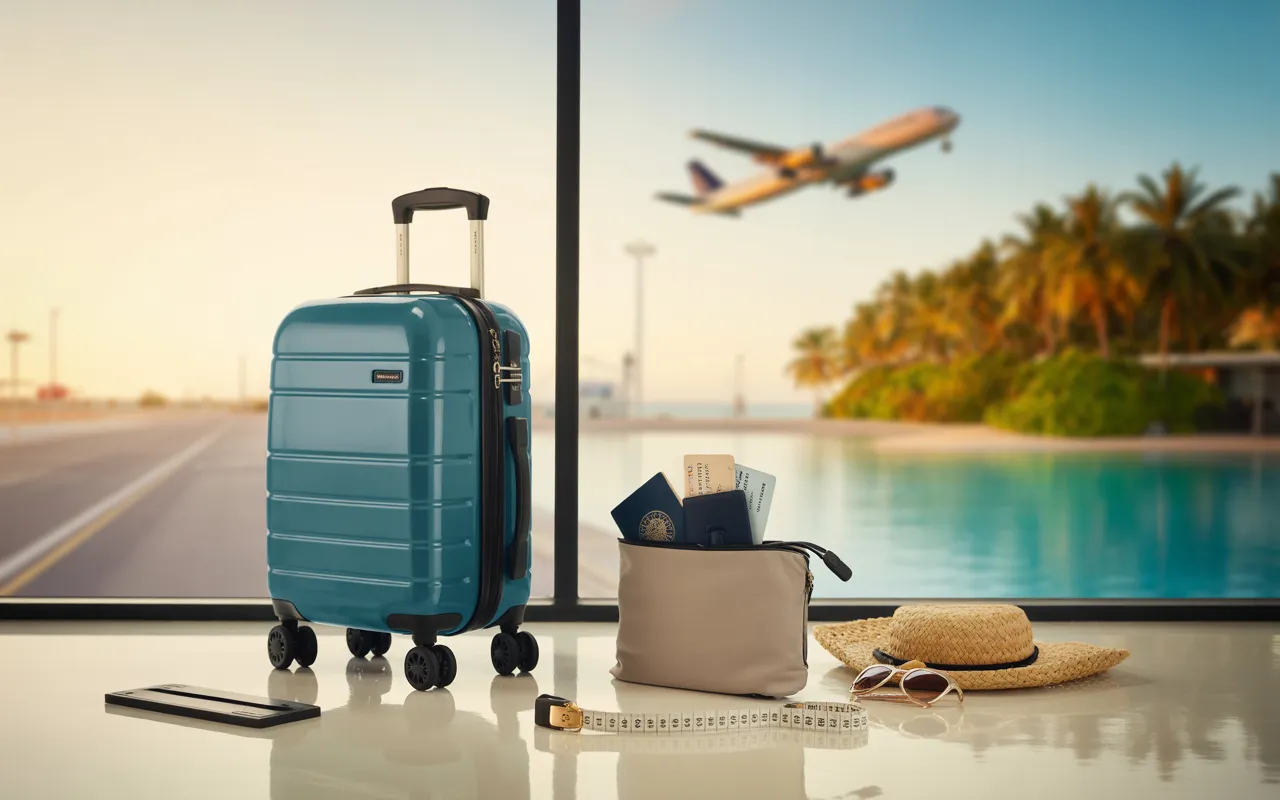 Vignette photoréaliste d’une valise cabine rigide bleu lagon avec pèse-bagage et mètre ruban, passeport et carte d’embarquement floutée, ambiance aéroport et lagon tropical en bokeh, idéale valise pour ile maurice.