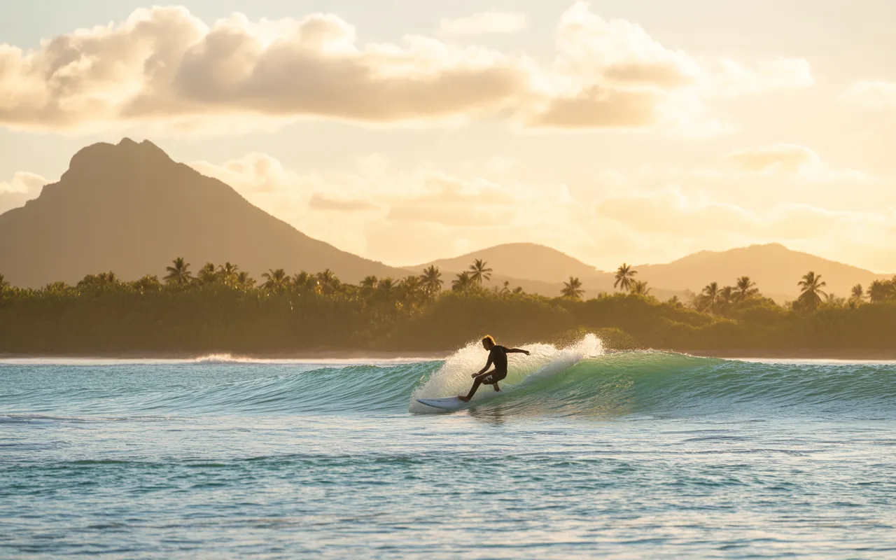 Surf ile maurice au lever du soleil : surfeur sur une vague parfaite au large d’un lagon turquoise transparent avec barrière de corail, montagnes et palmiers en arrière-plan.