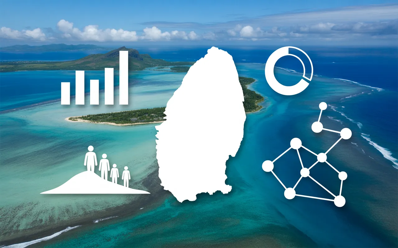Vignette moderne sur la **population de l île maurice** : carte stylisée de Maurice sur océan turquoise, éléments d’infographie sans texte (silhouettes, graphiques, donut chart, réseau), lagon/corail, sable et relief montagneux subtils.