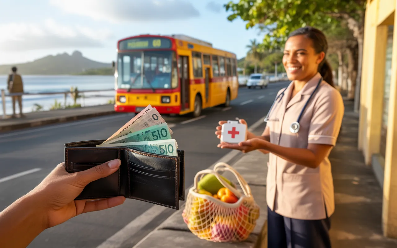 Vignette photoréaliste lumineuse illustrant la **vie quotidienne à maurice** : portefeuille avec billets et fruits (budget), bus/scooter sur route tropicale (transport) et soignant avec stéthoscope et trousse de secours (santé), lagon en arrière-plan.