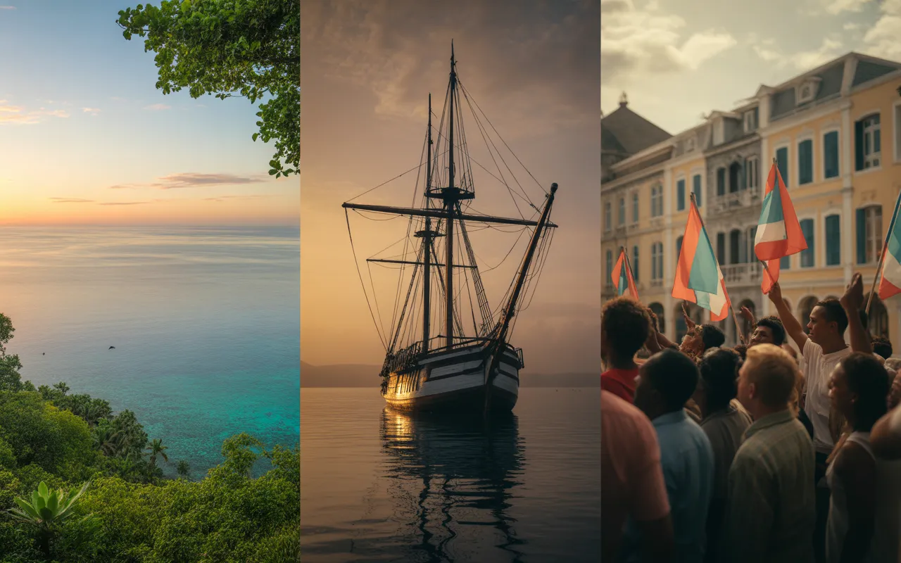 Vignette cinématique en triptyque fondu sur l’histoire de l île maurice : rivage tropical au lever du soleil avec dodo discret, voilier colonial au mouillage en tons sépia, puis silhouettes célébrant l’indépendance devant architecture de Port-Louis, avec carte subtile de l’océan Indien en surimpression.
