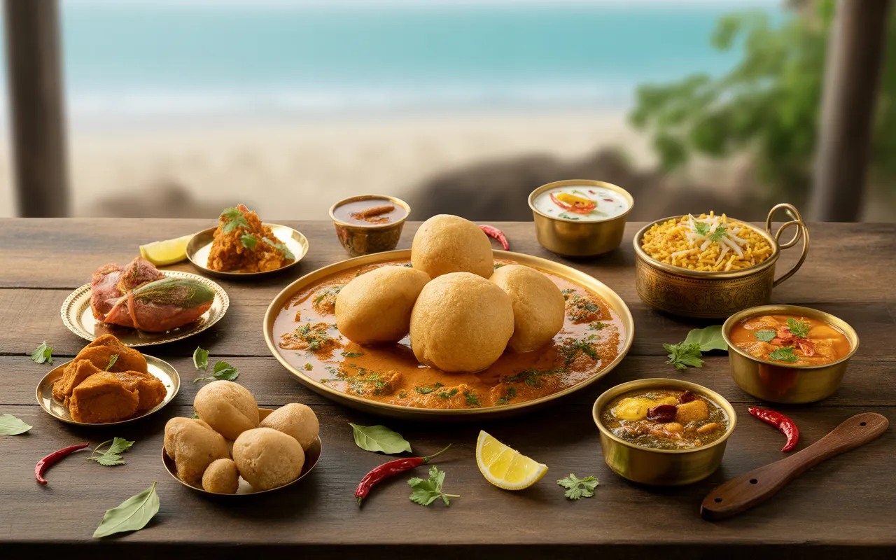 Photo de gastronomie mauricienne en vue semi-plongée : table en bois tropical avec dholl puri au centre, entouré de rougaille saucisse, cari poulet, vindaye poisson, biryani, mine frit, boulettes, gâteaux piment, farata et piment écrasé, garnitures citron vert et coriandre.