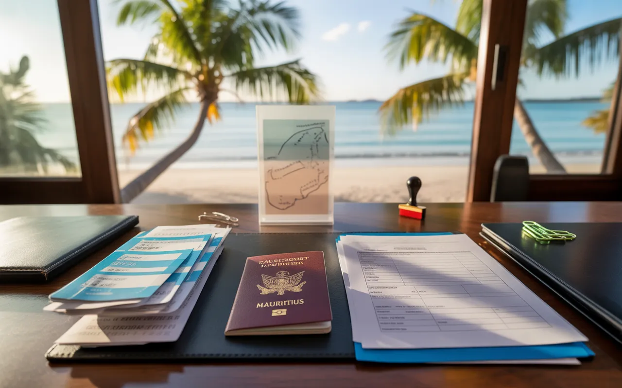 Bureau lumineux en bord de mer à l’Île Maurice avec passeport ouvert, tampon d’immigration, billets d’avion et formulaires vierges sur table, lagon turquoise et palmiers en arrière-plan — expatriation ile maurice visas et démarches 2026.