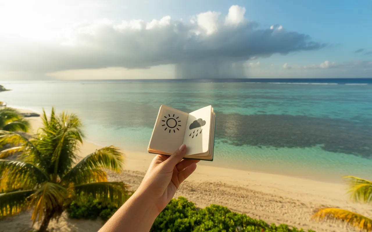 Vignette photoréaliste 16:9 d’une plage tropicale à l’Île Maurice, lagon turquoise et récif corallien visible, palmiers au premier plan, ciel partagé entre soleil doré et averses au loin, main tenant un smartphone/carnet avec grille de calendrier sans texte — île maurice météo.