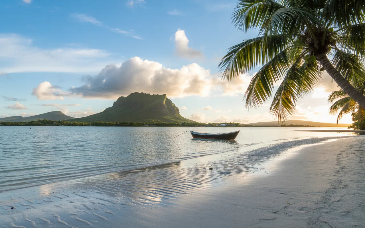 Vignette photoréaliste 16:9 pour visiter ile maurice : plage de sable blanc, eau turquoise cristalline, palmier incliné, petite pirogue sur lagon calme, montagne verdoyante type Le Morne au fond sous ciel bleu en golden hour.