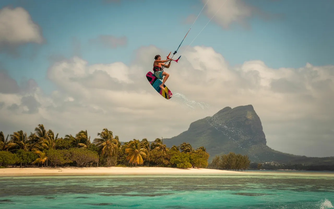Photorealistic drone shot of a turquoise lagoon in Mauritius with a kitesurfer, transparent kayaks and a discreet catamaran, visible coral reef, white sand beach, palm trees and the silhouette of Le Morne Brabant at golden hour — water sports Mauritius