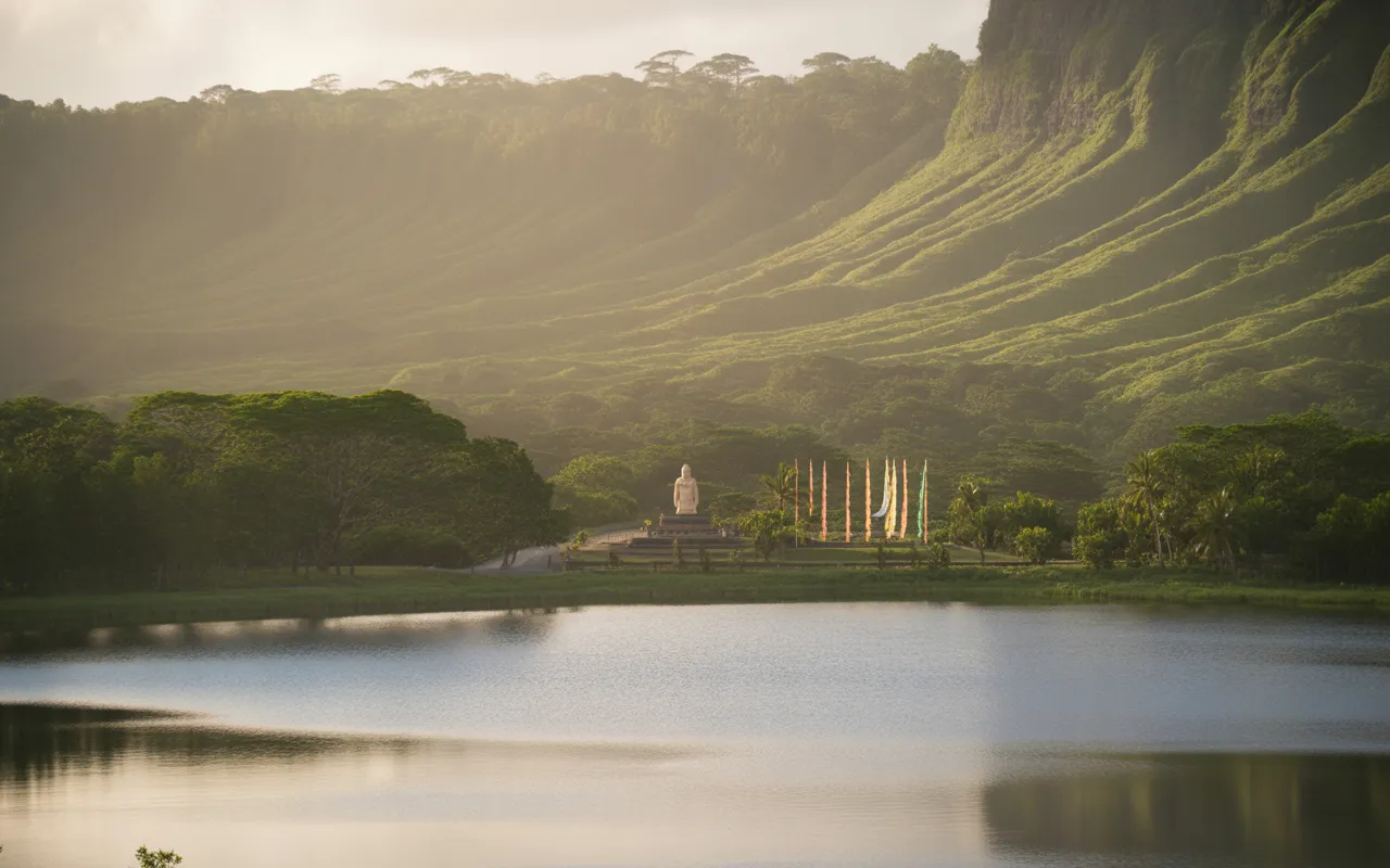 Vue panoramique cinématographique du Grand Bassin (Ganga Talao), lac sacré ile maurice, eau calme et brume légère à l’heure dorée, collines verdoyantes et forêt tropicale, statue de Shiva et petit temple au bord, route sinueuse et quelques silhouettes de pèlerins de dos.