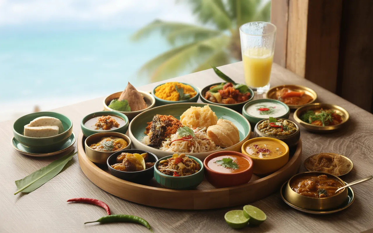 Vignette photoréaliste lumineuse d’un assortiment de **plats typiques mauriciens** sur table en bois clair, vue 3/4 légèrement plongée, incluant dholl puri, mine frit, biryani, cari, riz, rougail, vindaye, gâteaux piments, samosas, chutneys, achards et boisson tropicale, avec bokeh tropical en arrière-plan.