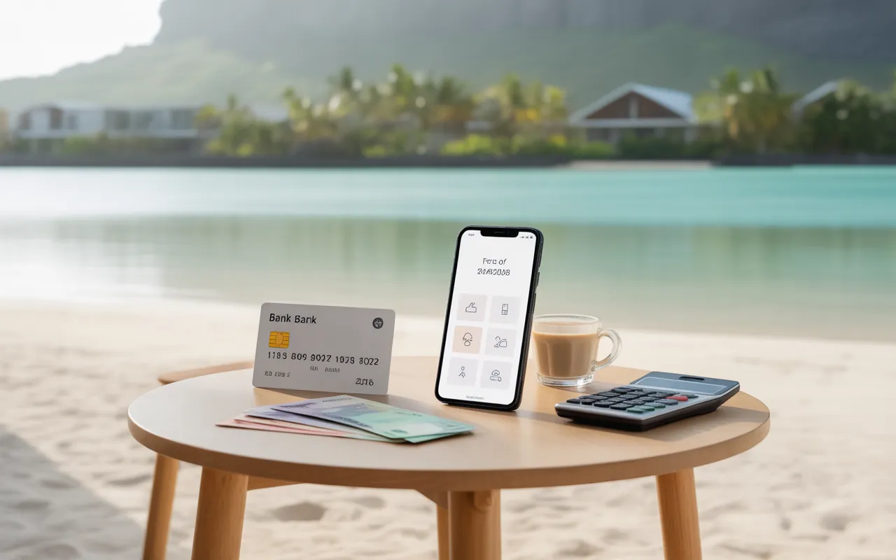 Photorealistic vignette on the cost of living in Mauritius: wooden table with passport, bank card, Mauritian banknotes and coins, smartphone and budget calculator, coffee, against a backdrop of beach with turquoise lagoon and palm trees with blurred modern district.