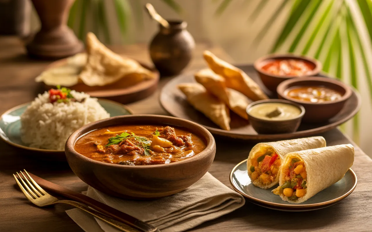 Vignette 16:9 de nourriture mauricienne : table en bois tropical avec curry/rougaille, riz basmati, farata, samoussas, chutney et achards, assiette de dholl puri, lumière naturelle dorée et bokeh tropical, photo culinaire premium sans texte ni personnes.