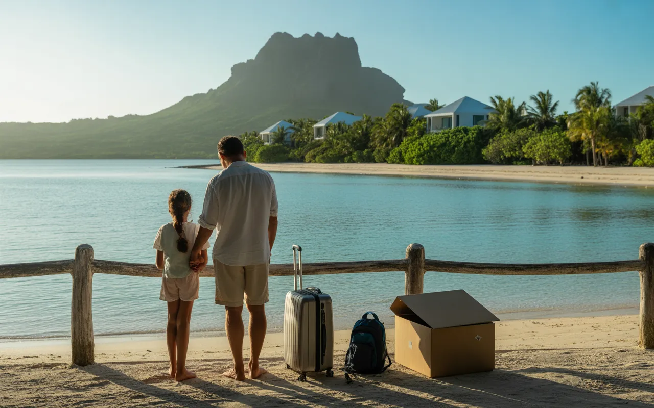 Vignette photoréaliste 16:9 sur l’Île Maurice, famille de trois vue de dos face à un lagon turquoise au coucher du soleil, valise et carton de déménagement entrouvert avec sac à dos, calculatrice et pièces, plage de sable blanc, villas mauriciennes, palmiers et montagnes brumeuses — expatriation ile maurice.
