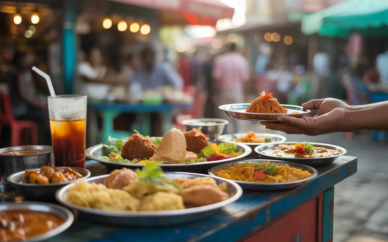 Table de street-food à Maurice au coucher du soleil, assortiment de spécialités mauriciennes (dholl puri au cari et chutneys, gâteaux piments, mine frit, samoussas, rougaille), sauces pimentées, chutney coco et verre d’alouda frais, main servant un plat, stand de marché tropical en bokeh.