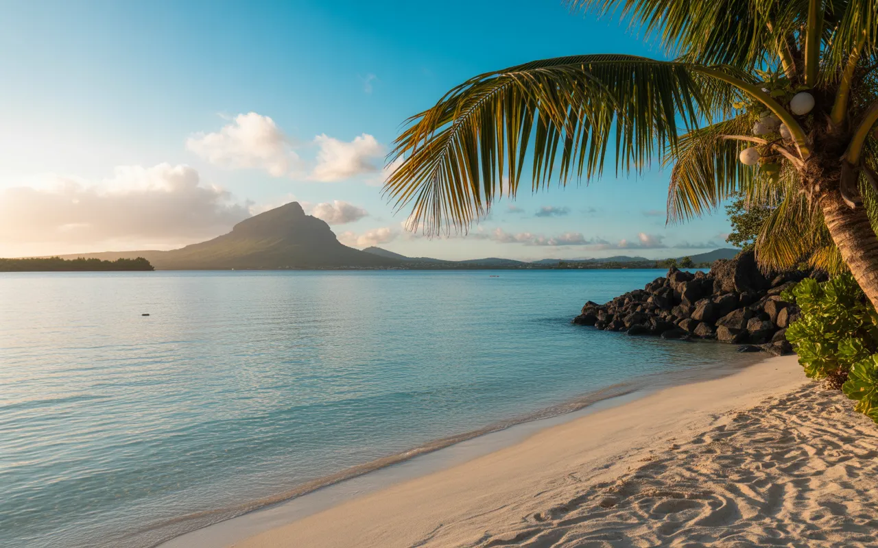 Plus belles plages ile maurice : vignette photo-réaliste 16:9 d’une plage de sable blanc à l’île Maurice, eau turquoise cristalline en dégradé, rochers volcaniques sombres à droite, cocotier incliné à gauche, lagon et récif au loin, montagnes brumeuses type Le Morne sous ciel bleu lumineux à la golden hour, sans personnes ni texte.