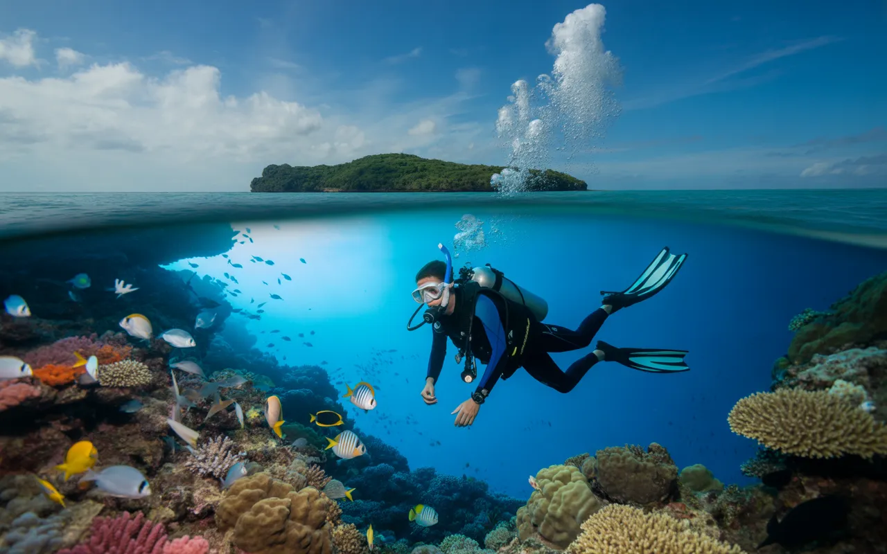 Vignette 16:9 photoréaliste de plongée ile maurice en split-shot : plongeur en combinaison noire/bleue avec masque et détendeur, bulles fines, récif corallien coloré et poissons tropicaux sous une eau turquoise, rayons de soleil ; au-dessus, lagon calme, île verdoyante au loin et ciel bleu léger.