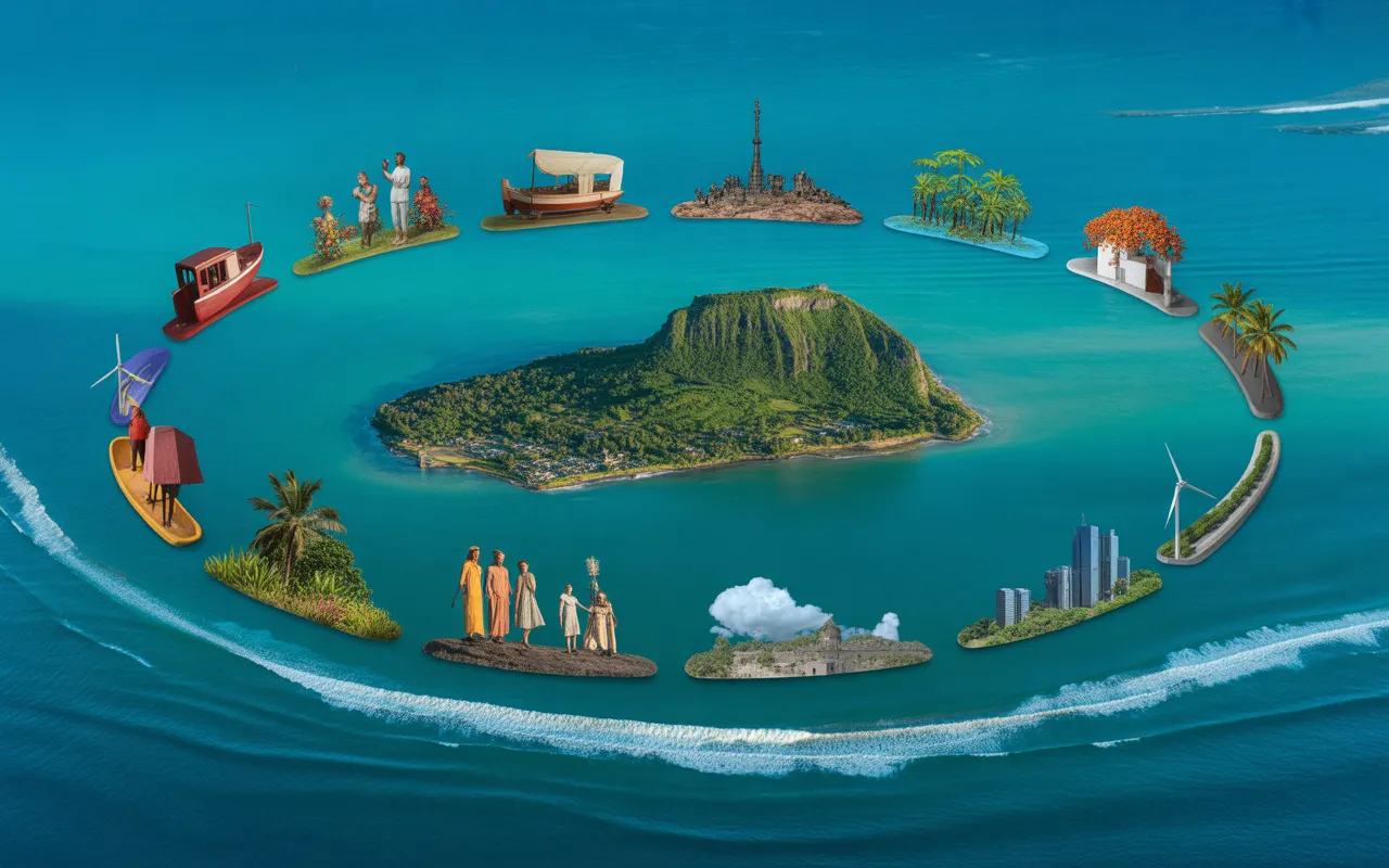 Illustration semi-réaliste en frise spirale de l’histoire ile maurice : île Maurice au centre sur océan Indien turquoise, 10 vignettes historiques autour (nature originelle, dodo, caravelle et compas, période hollandaise, fort français, plantations de canne à sucre, abolition et immigration, époque britannique, indépendance et modernisation, Maurice contemporaine durable), sans texte ni chiffres.