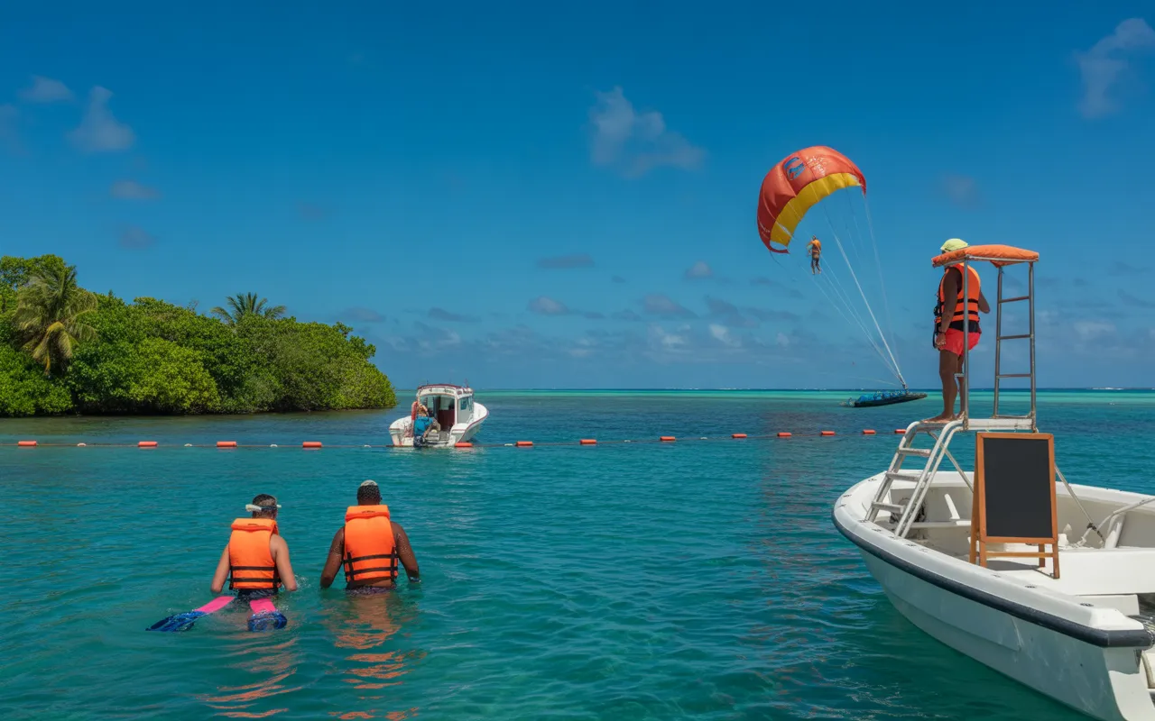 Photo-realistic vignette of water activities in Mauritius: snorkeling in a turquoise lagoon near a boat with life jackets and safety buoys, instructor on the beach, parasailing in the distance, white sand and coral reef, blank price sign.