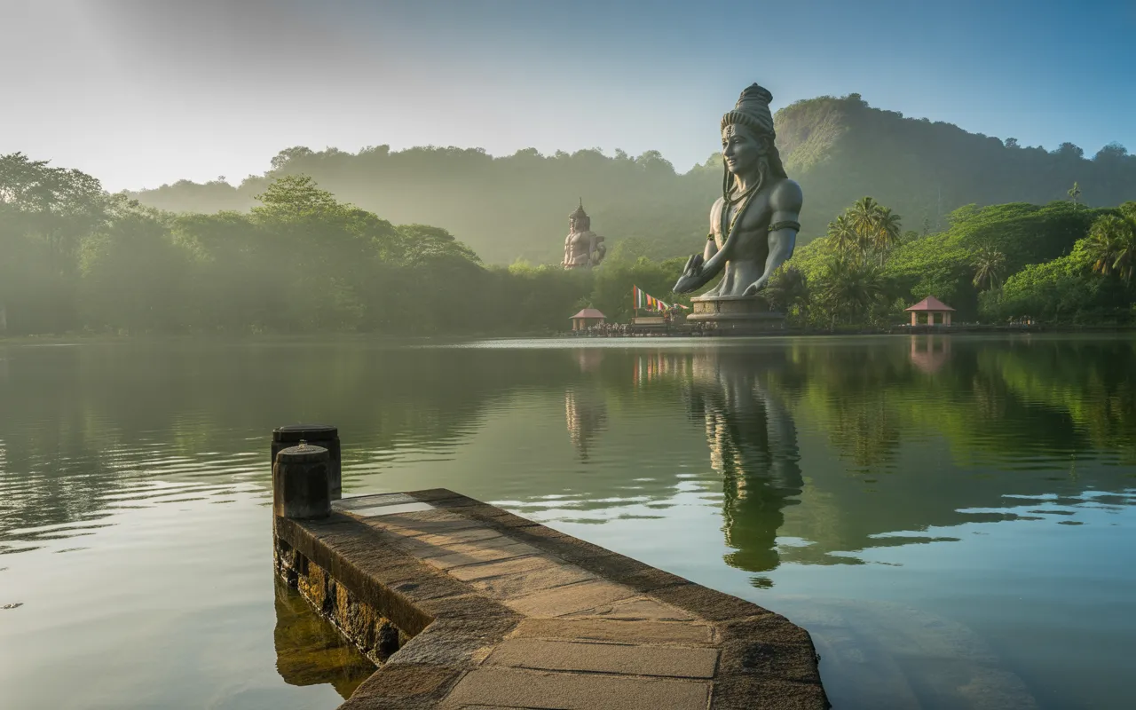 Vue panoramique du Grand Bassin (Ganga Talao), lac sacré ile maurice, eau calme miroitante entourée de forêt tropicale, statues hindoues monumentales au loin, chemin vers la rive, lumière dorée et brume légère.