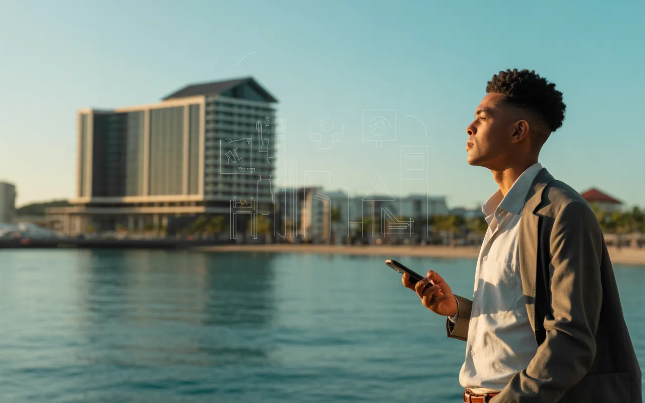 Travail à l île maurice : jeune professionnel en business casual avec ordinateur portable face au front de mer de Port-Louis, bureaux vitrés, hôtel/plage au loin et icônes digitales subtiles, lumière dorée tropicale.