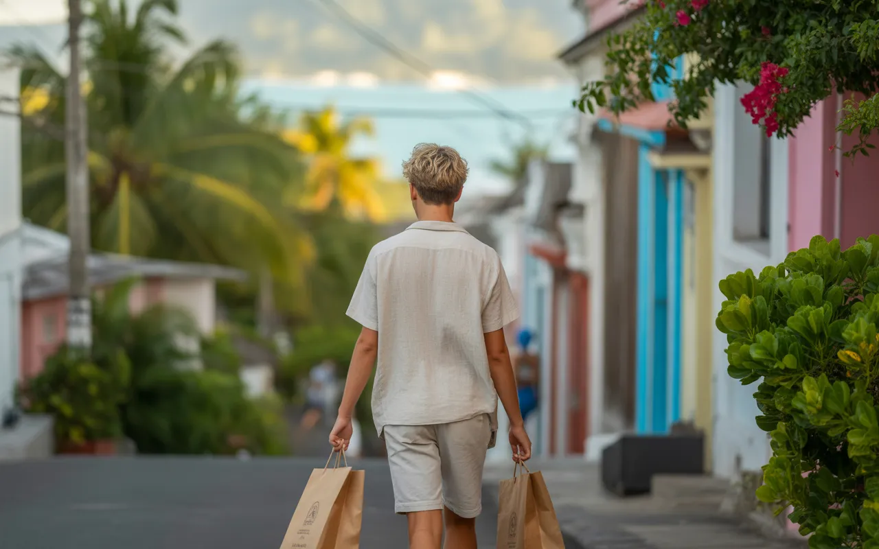 Jeune adulte au style neutre portant un vetement ile maurice en lin clair, tenant deux sacs shopping kraft, dans une rue commerçante tropicale moderne à l’île Maurice devant une boutique de vêtements ouverte, lumière dorée et végétation luxuriante.