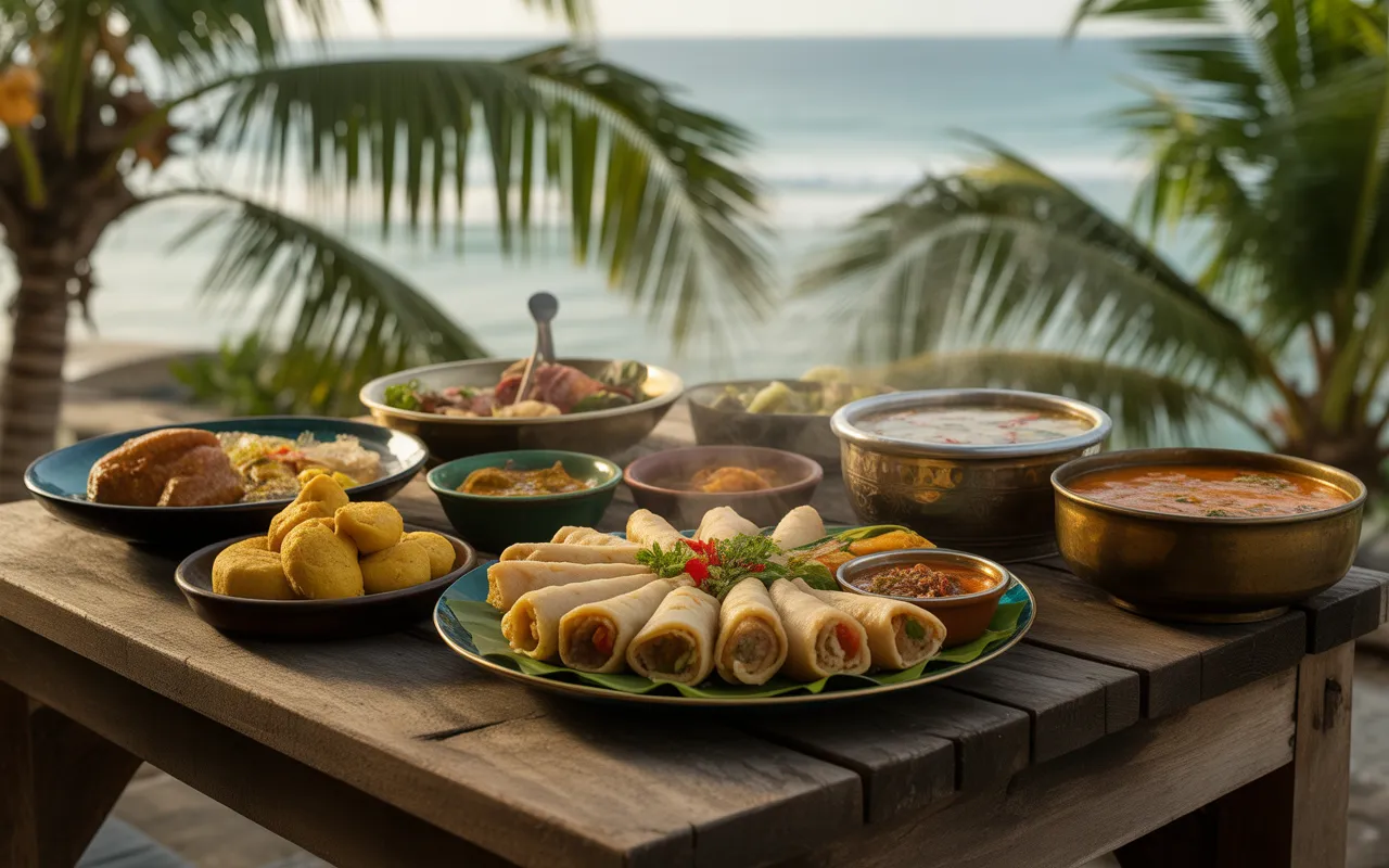 Vignette photoréaliste de table en bois tropicale avec dholl puri, boulettes mauriciennes, mine frit/briyani, gâteaux piments, pickles et citron vert, mer turquoise en arrière-plan pour manger ile maurice.