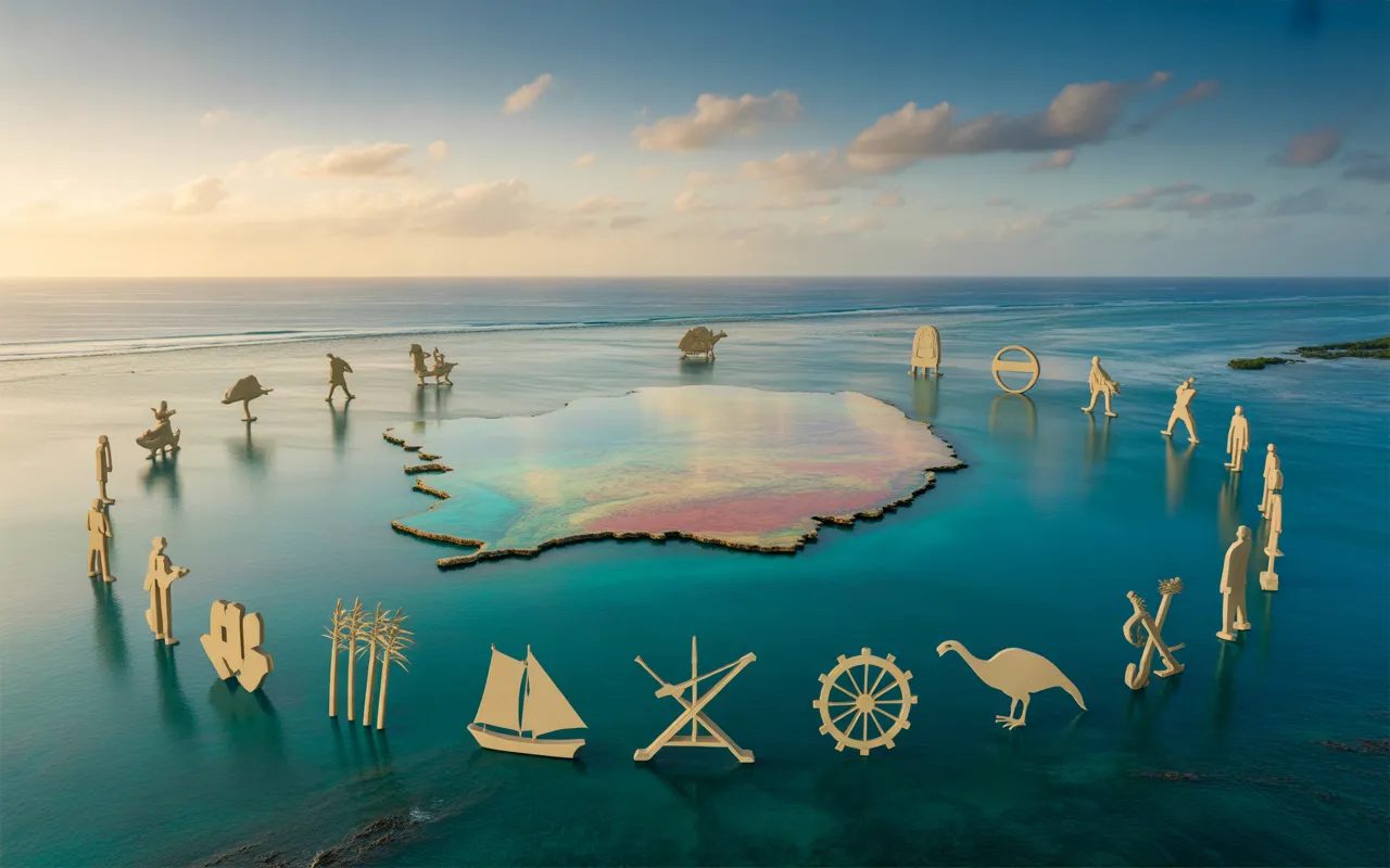 Vignette 16:9 sur l’histoire de l île maurice : carte stylisée en relief au centre, entourée d’un anneau cuivré avec 12 icônes historiques (voilier, drapeau maritime neutre, canne à sucre, engrenage, fort, ancre, dodo, plantation, outil agricole, parchemin vierge, balance de justice, main/urne), sur fond de lagon turquoise, récif corallien et ciel doux doré.