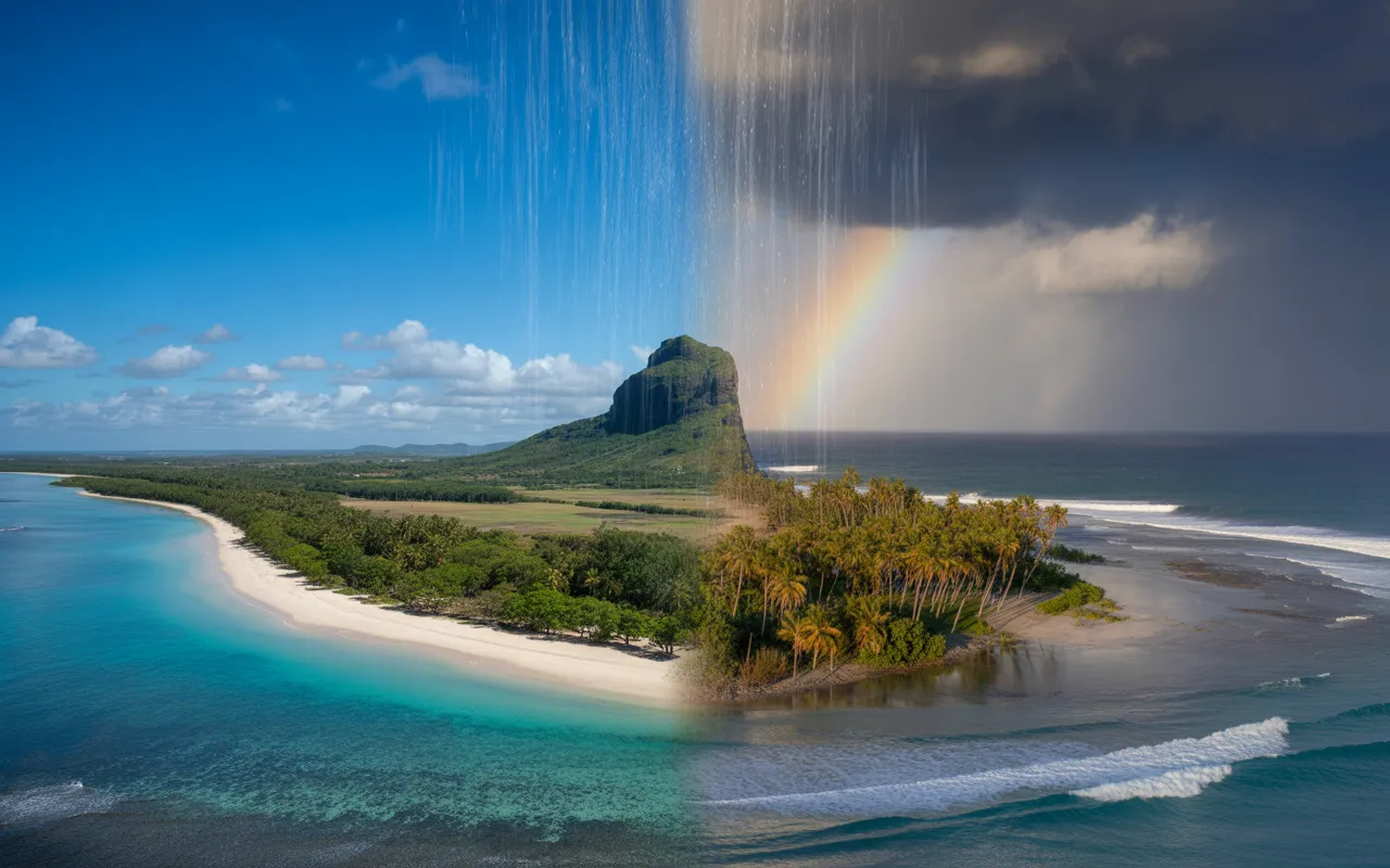 Vignette photoréaliste aérienne du littoral tropical avec lagon turquoise, récif corallien et plage claire, montrant en triptyque la saison sèche (ciel bleu), des averses tropicales (rideaux de pluie) et l’approche d’un cyclone (nuages spiralés, mer sombre, palmiers penchés) — île maurice météo.
