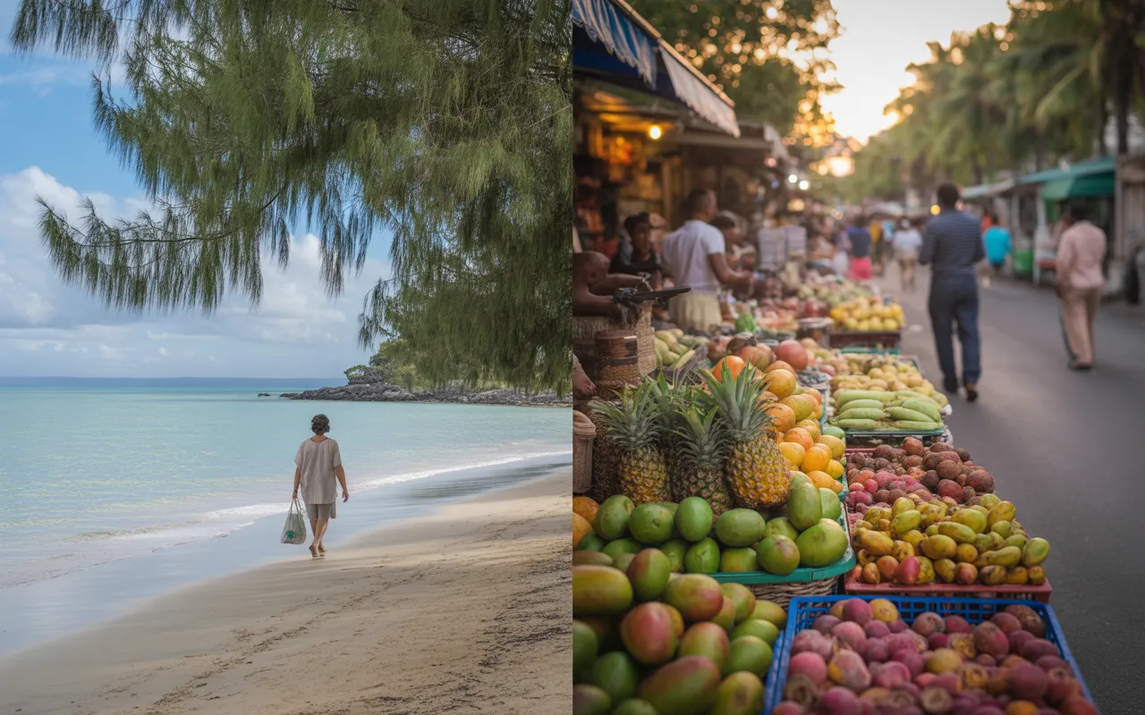 Vignette photoréaliste en diptyque montrant la vie quotidienne à maurice : à gauche une marche sereine sur une plage au lagon turquoise à l’aube, à droite une scène de marché local avec fruits tropicaux, épices et paiement en monnaie, lumière golden hour.