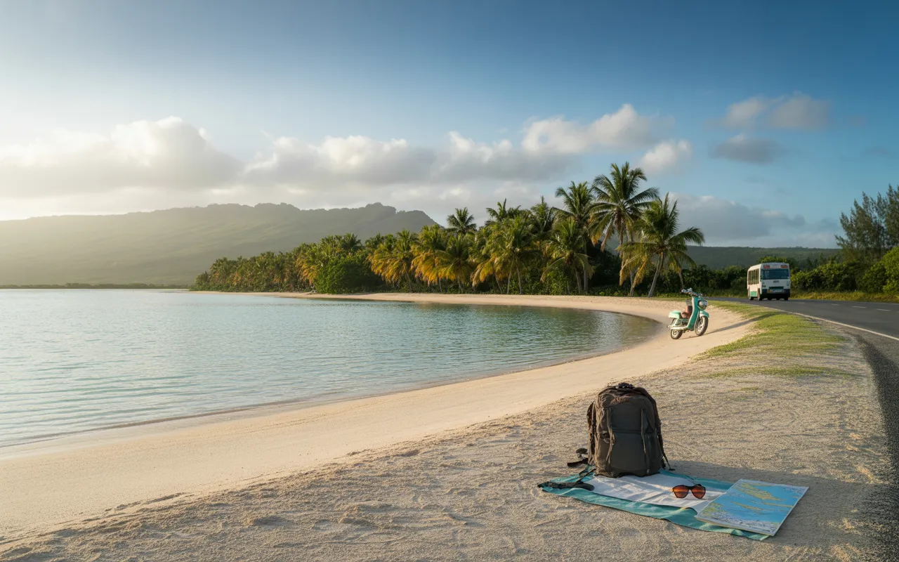 Vignette réaliste de voyage pour visiter ile maurice : lagon turquoise et plage de sable blanc bordée de palmiers, montagnes volcaniques brumeuses au fond, sac à dos avec carte et chapeau au premier plan, scooter et bus local au loin sur route côtière, petit catamaran sur l’eau.