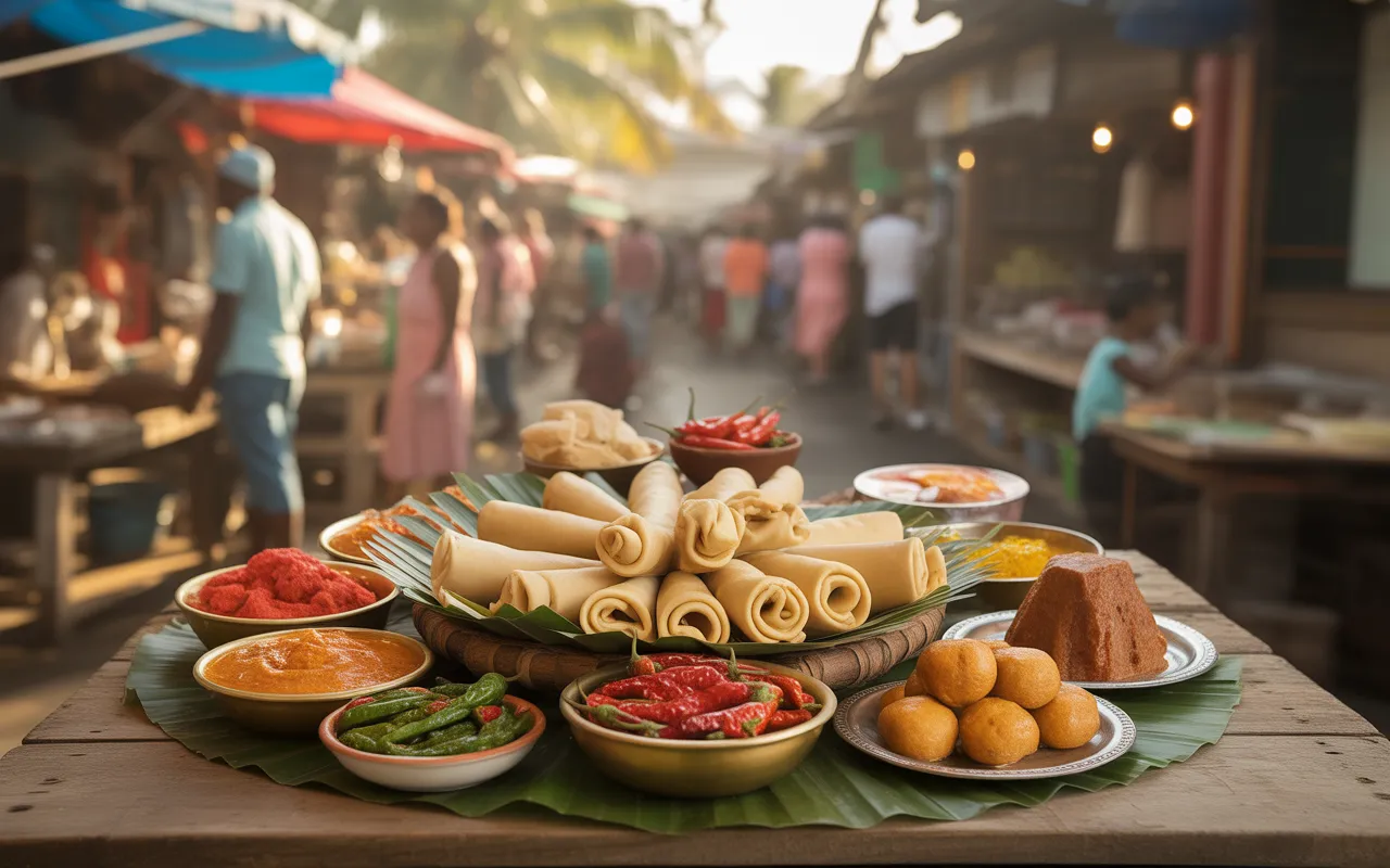 Vignette photo réaliste de cuisine de rue à l’île Maurice : plateau en vue 3/4 sur table claire avec plats typiques mauriciens (dholl puri, rougaille, chatini, gâteau piment, mine frit), citron vert et piments, marché tropical en arrière-plan flou.