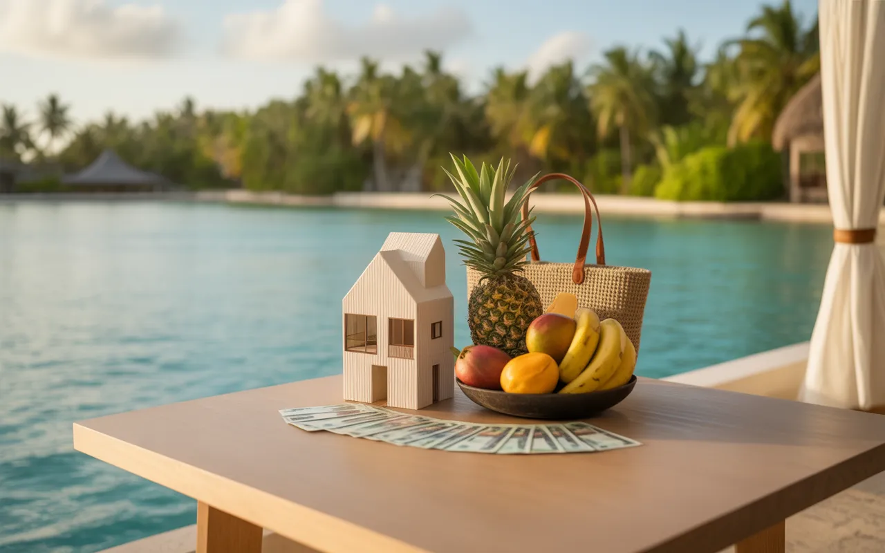 Vignette photoréaliste sur le coût de la vie île maurice : table en bois clair avec miniature de maison et clés (logement), sac de courses avec fruits tropicaux et calculatrice (courses), voiture miniature et carte de transport (transport), lagon turquoise et palmiers flous en arrière-plan.