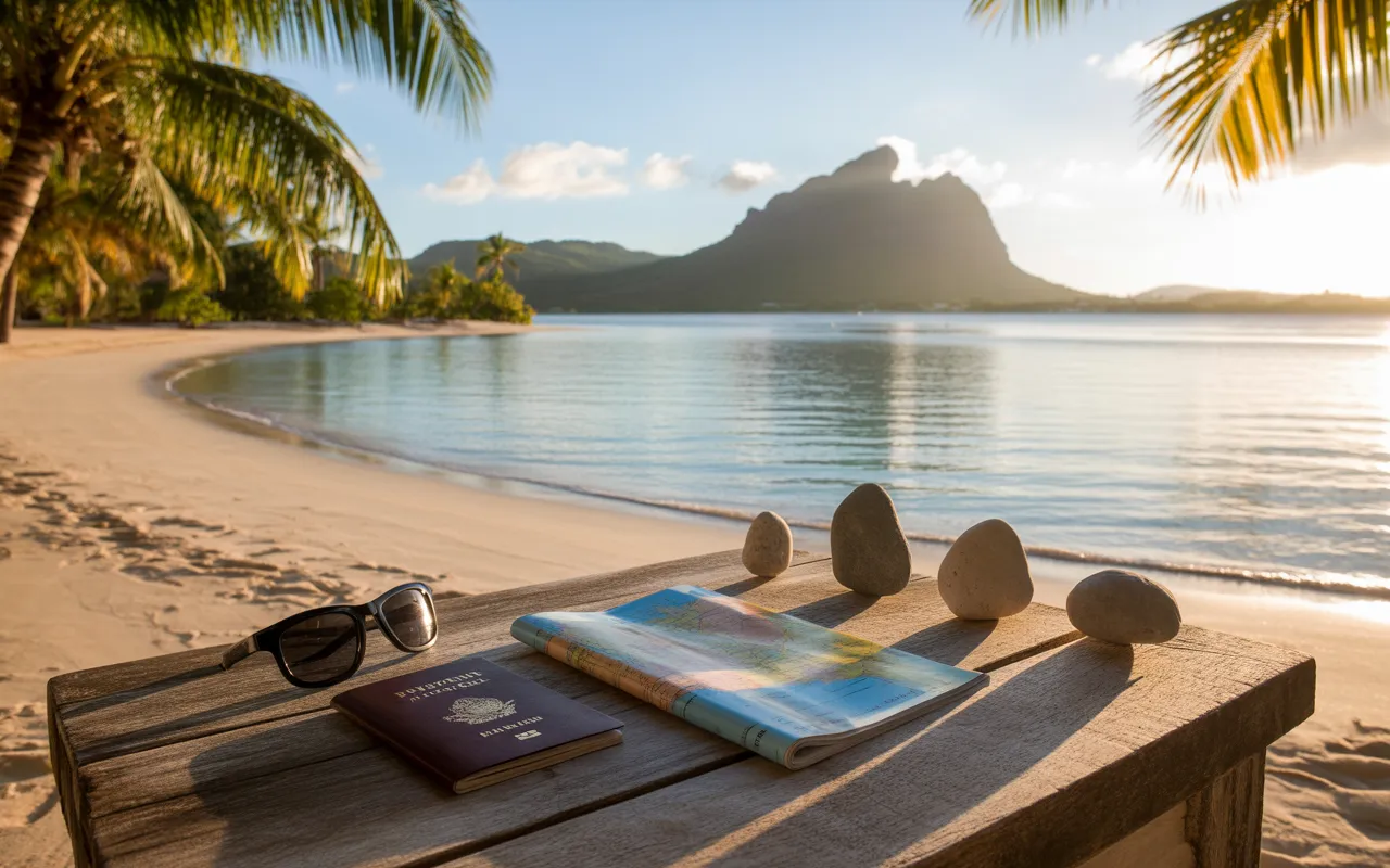 Drone view of a turquoise lagoon and white sand beach in Mauritius, palm trees, coral reef and misty volcanic mountain, with passport, glasses, folded map and three pebbles on a rock to illustrate how long to visit Mauritius (5, 7 or 10 days).