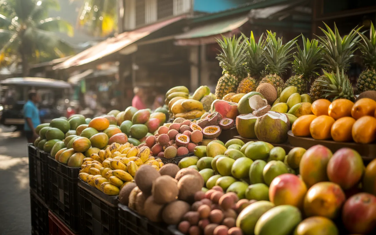 Alt text : Étal coloré de fruits ile maurice sur un marché tropical en plein air, mangues, ananas, litchis, fruits de la passion, papayes, bananes, noix de coco et caramboles, lumière douce du matin.