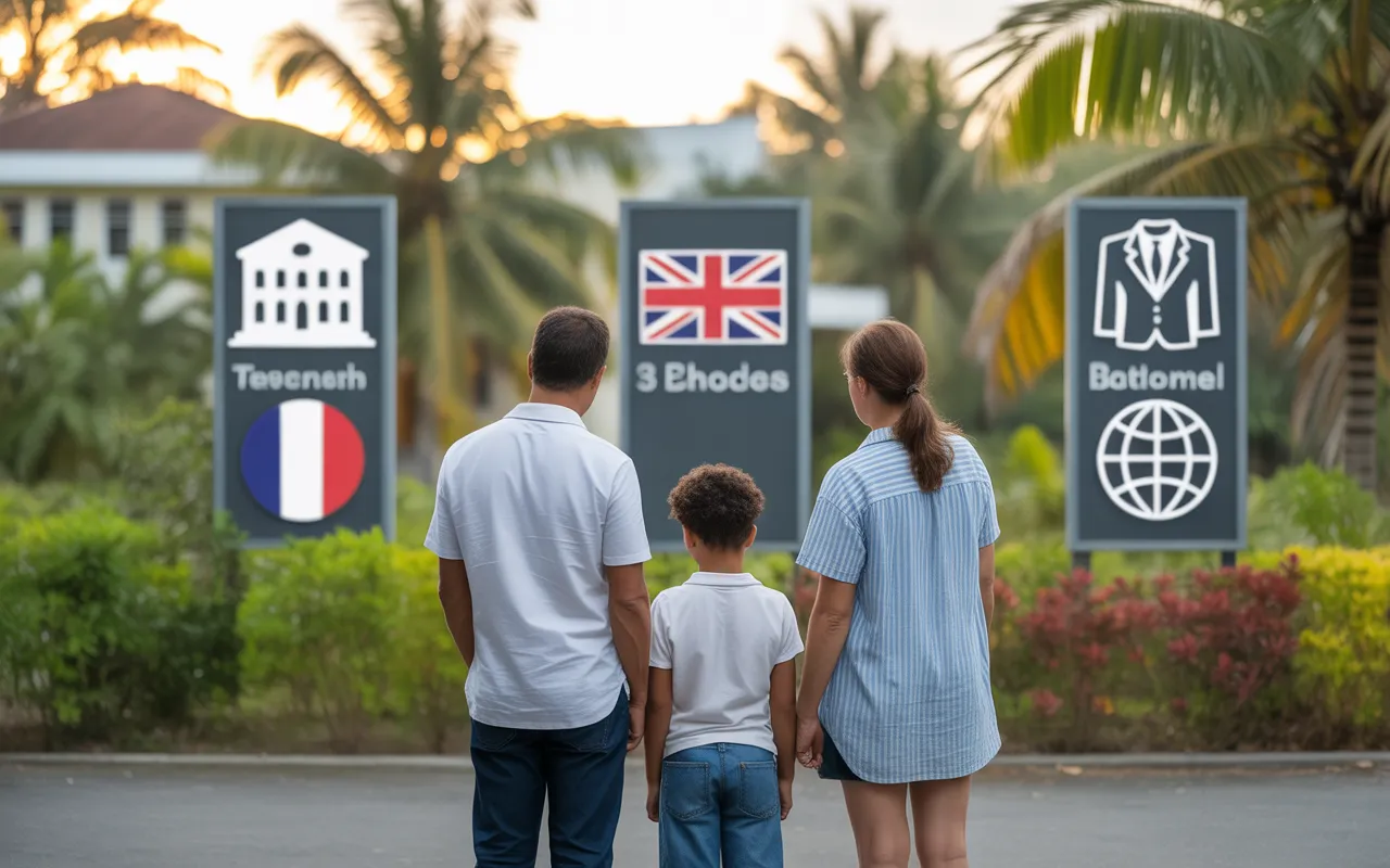 Bright, photorealistic vignette in front of a modern, green school campus in Mauritius, featuring a family with a child and textless directional signs (French, British, and international systems) with criteria icons (transport, proximity, safety, values, budget, quality) – EXPAT MAURITIUS