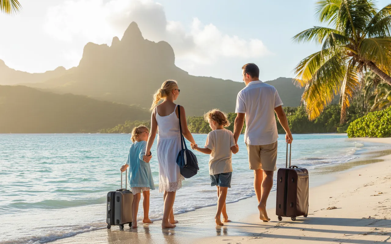 Expat family (2 adults and 2 children) arriving in Mauritius with suitcases, backpacks, documents, and essential items (clipboard, stamp, calendar, map), turquoise lagoon, white sand beach, palm trees, and mountains at sunset – EXPAT MAURITIUS