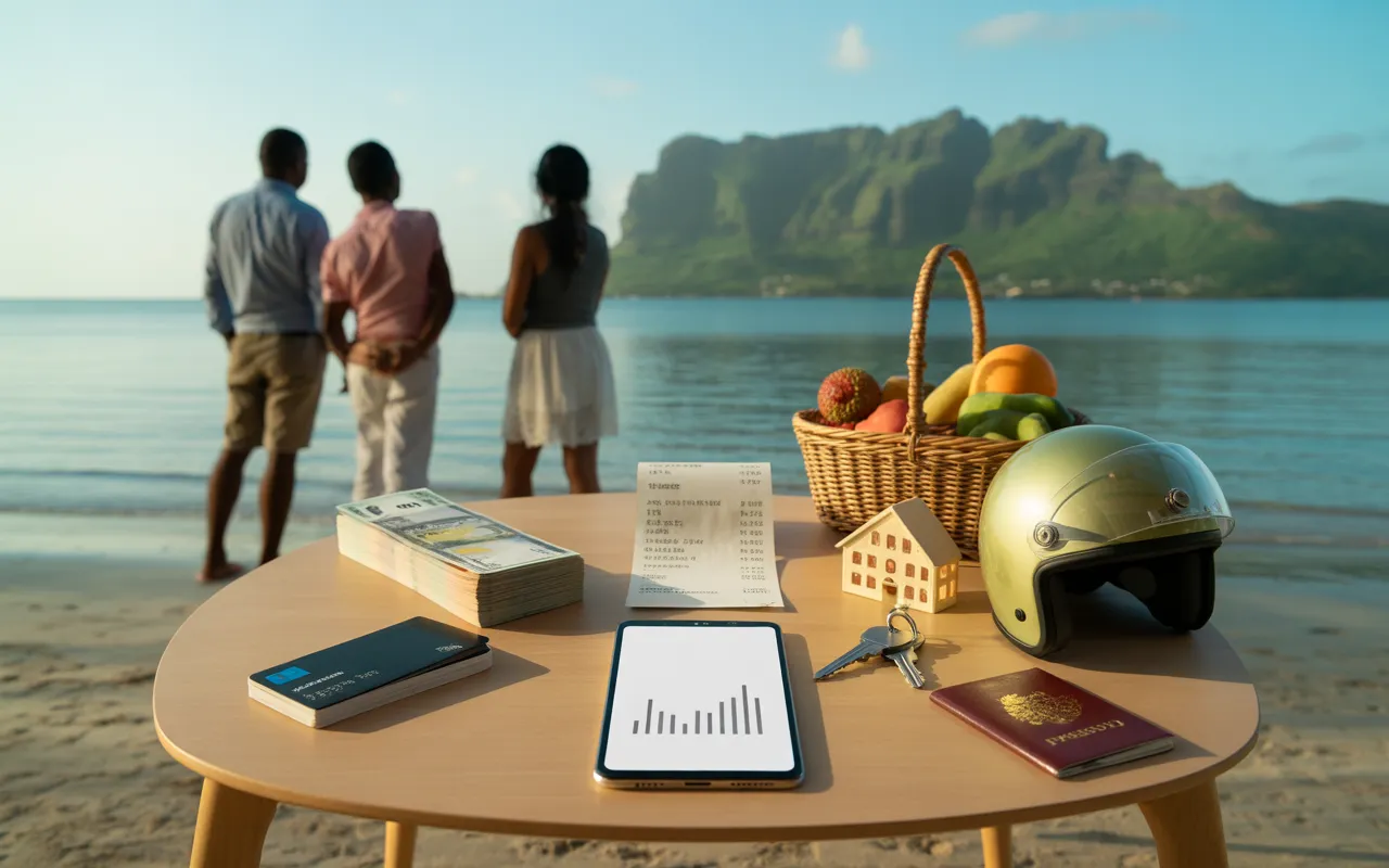 Photorealistic vignette of the cost of living in Mauritius in 2026: cafe table with bank card, cash, smartphone with abstract graphics, tropical groceries, keys and passport on a turquoise beach with Le Morne in the background, three silhouettes from behind (budget, comfort, premium) — EXPAT MAURITIUS