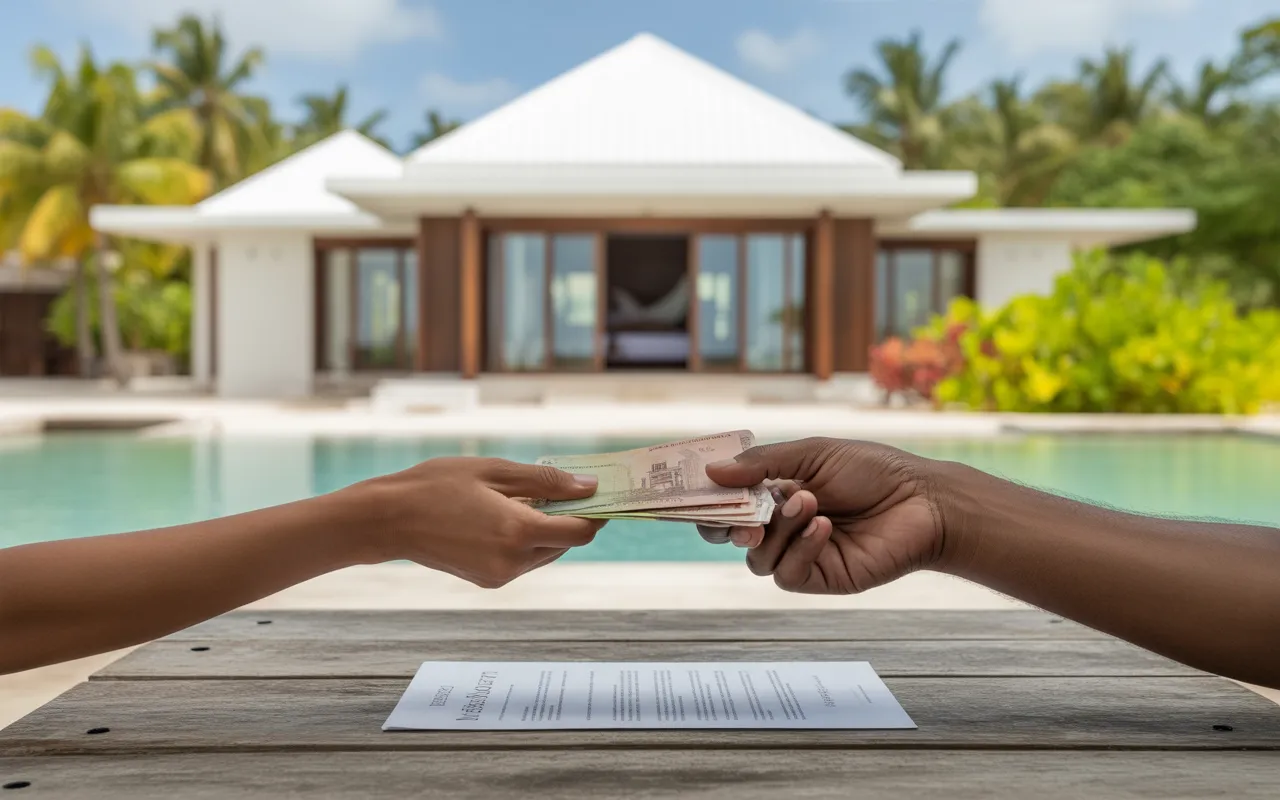 EXPAT MAURITIUS: Security deposit exchange for modern villa rental in Mauritius, hands handing over envelope next to an illegible contract and a key, with palm trees and turquoise lagoon in blurred background.