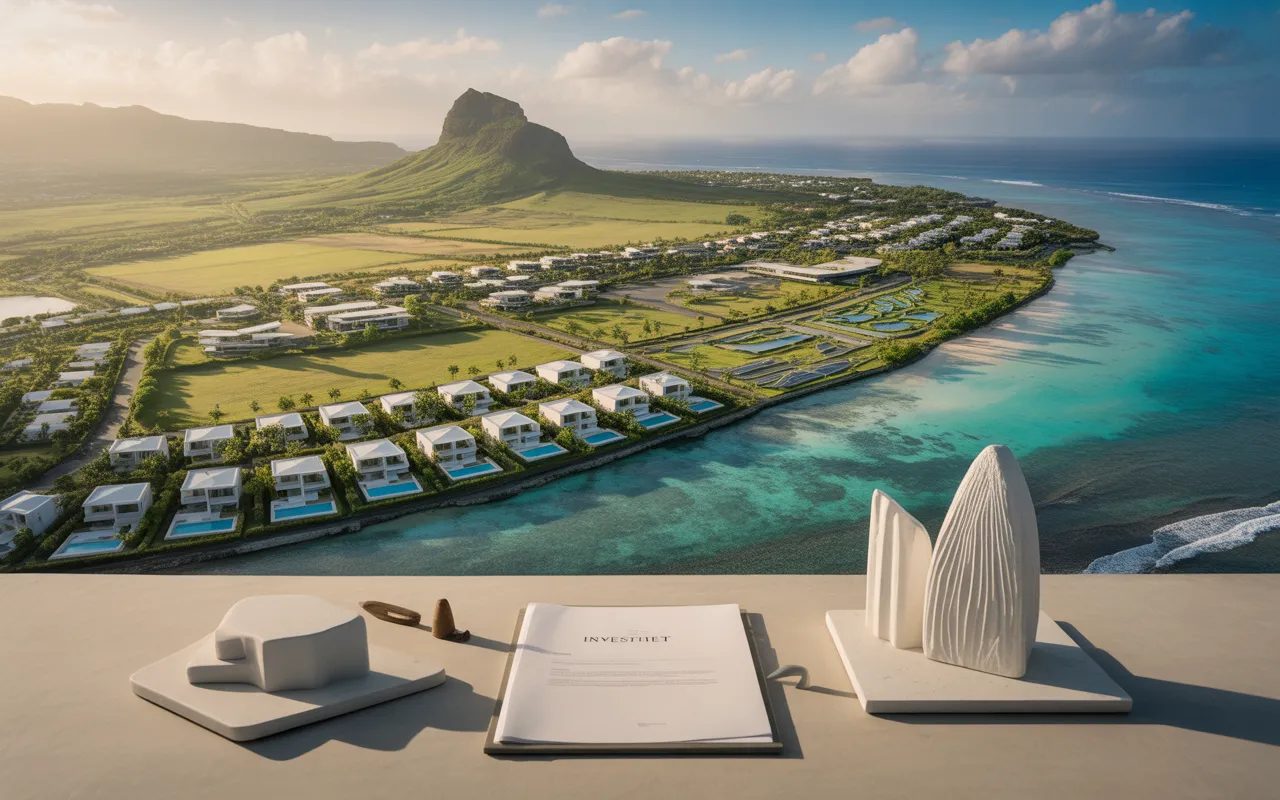 Photorealistic aerial view of the coastline of Mauritius at golden hour: turquoise lagoon, luxury villas with pools and smart city type district in 4 comparative zones, with investment indicators (neutral file, keys, model, relief map) — EXPAT MAURITIUS.