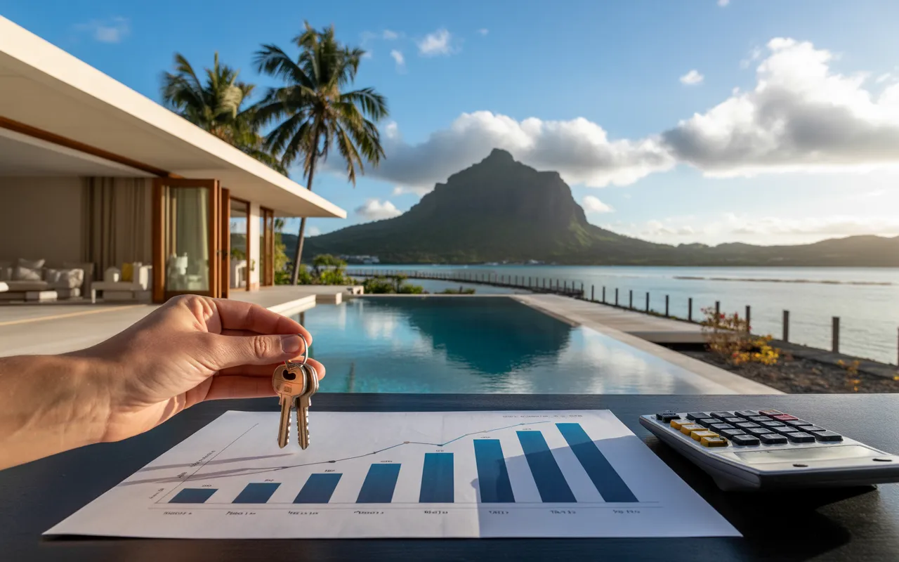 Modern villa with pool overlooking the turquoise lagoon and mountains of Mauritius, hand holding keys and investment documents on a table, golden ambiance and contrasting sky – EXPAT MAURITIUS