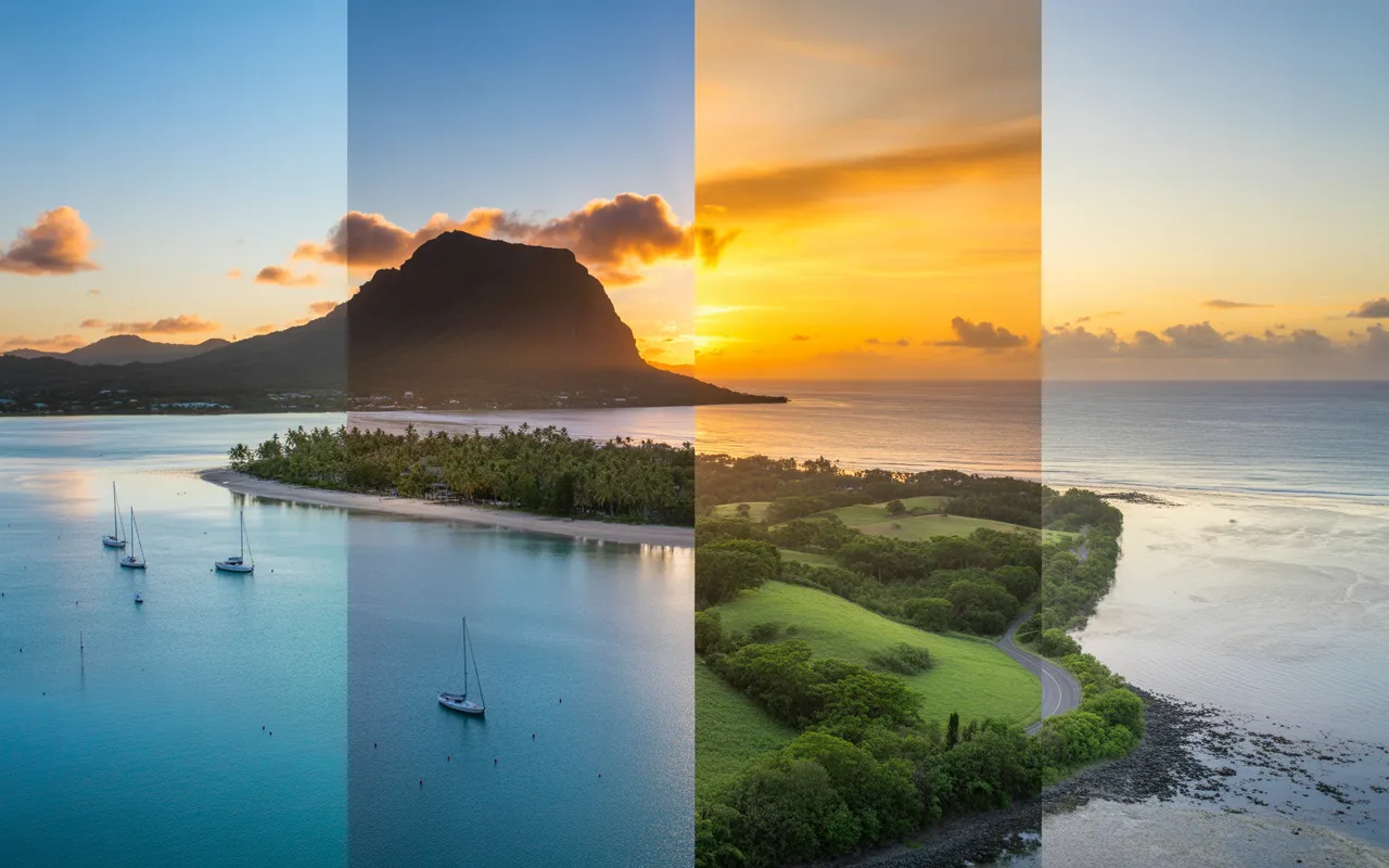 Photorealistic collage in 4 vertical panels of Mauritius comparing North, West, East and Central: turquoise lagoon with sailboats, sunset over mountains, wild beach lined with casuarina trees, verdant hills and winding road — EXPAT MAURITIUS
