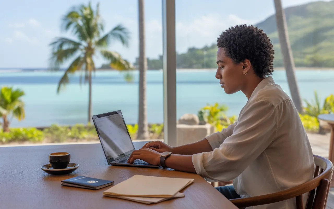 Young professional coworking in Mauritius, working on a laptop, passport and documents on a table, bay window overlooking a turquoise lagoon and palm trees, premium expat career atmosphere — EXPAT MAURITIUS