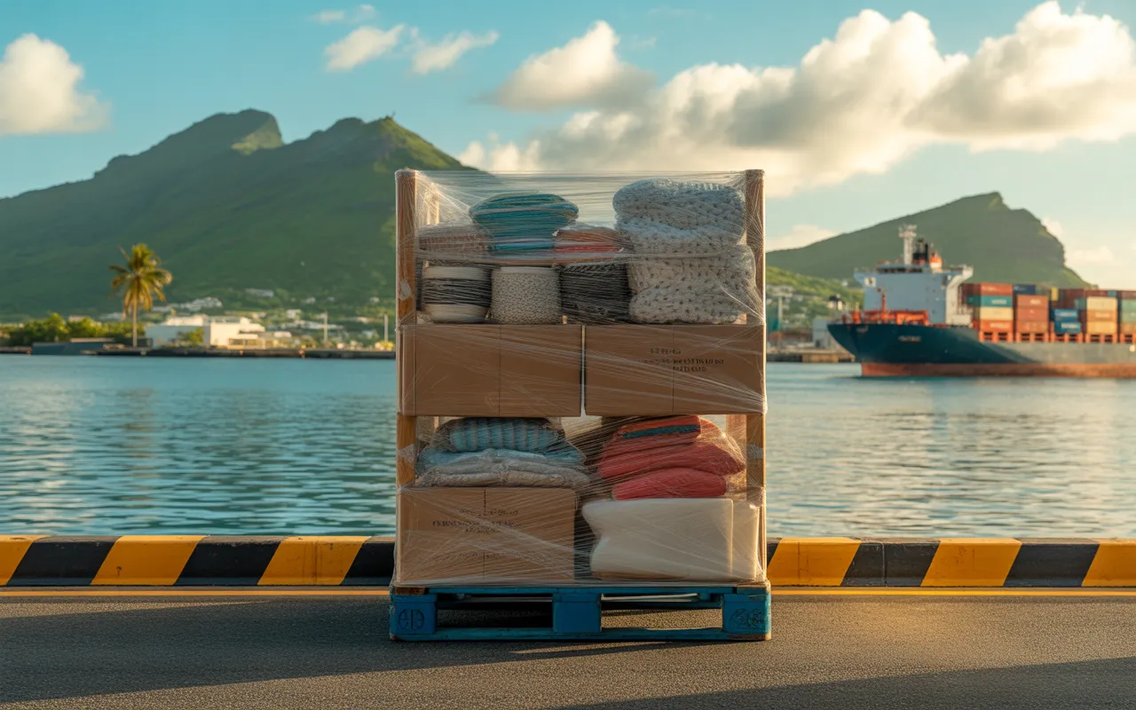 Photorealistic magazine-style vignette of personal effects import in Mauritius: moving boxes on a pallet, documents and customs stamp in the foreground, modern port with cargo ships and containers, turquoise water and verdant mountains in the background — EXPAT MAURITIUS