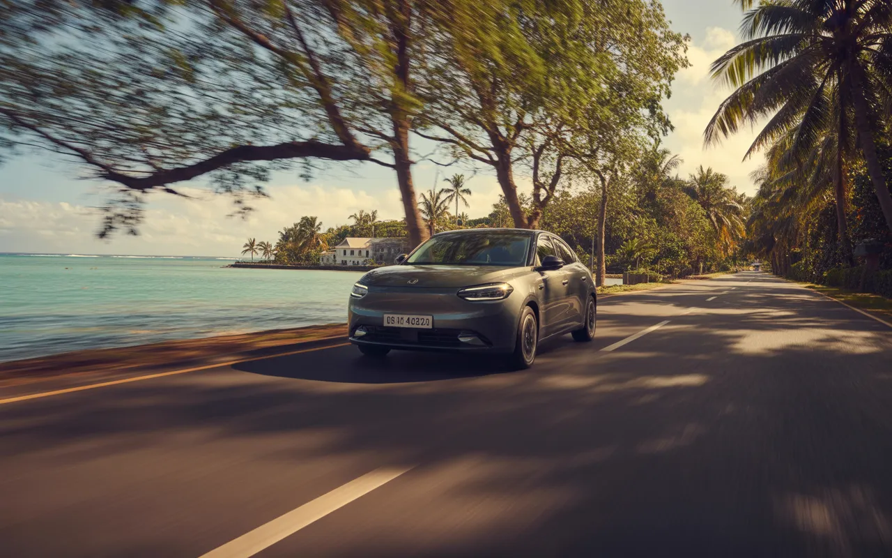 Modern city car driving on the left on a coastal road in Mauritius, tropical vegetation, turquoise lagoon and Creole houses in the background, careful driving with visible seatbelt, clear road markings and illegible roundabout sign, golden hour light — EXPAT MAURITIUS
