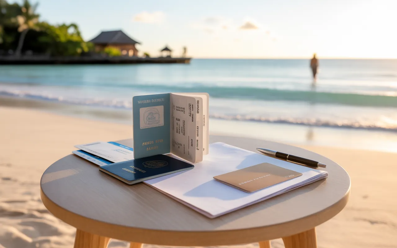 Premium photorealistic EXPAT MAURITIUS vignette: open passport, visa stamp, blank tickets and documents on a wooden table facing a white sand beach and turquoise lagoon in Mauritius, palm trees and blurred resort in the background.