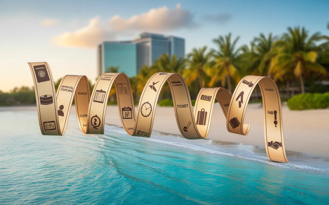 Photo-realistic vignette 16:9 EXPAT MAURITIUS: diagonal timeline with icons (passport, visa, file, signature, stamp, clock, calendar, bank card, coins, ticket, suitcase, key, handshake) on a background of turquoise lagoon, white sand beach and palm trees, Port Louis business district blurred at golden hour.